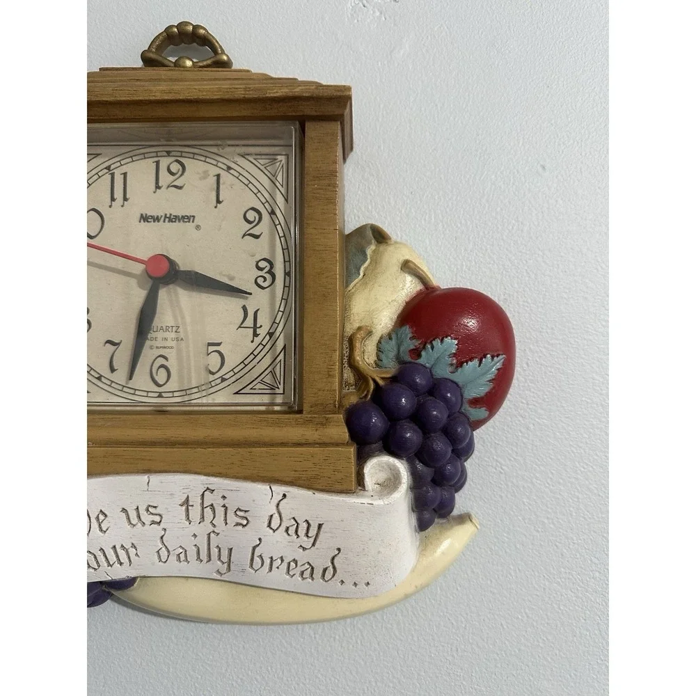 Vintage Kitchen Clock Give Us This Day Bread‎ Plastic Wall Art Food Tea Retro